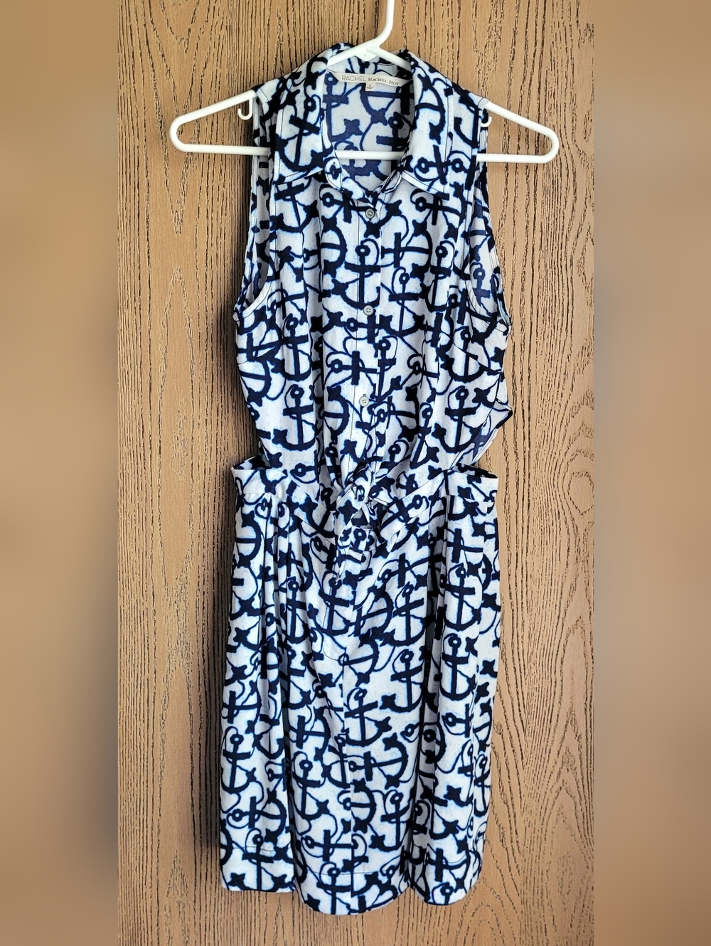 Rachel Roy Nautical Anchor Dress Sleeveless Button Front Tie Waist Coastal Prepp